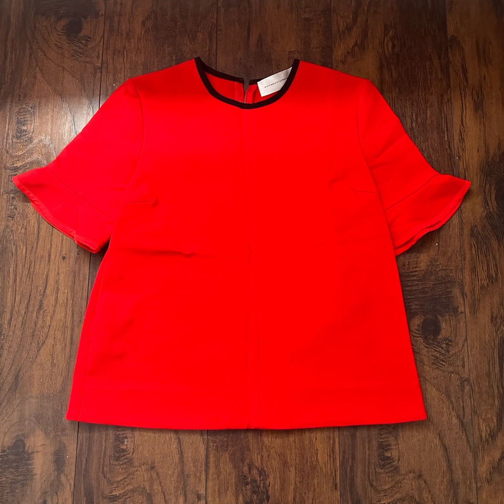 Victoria Beckham Red Short Sleeve Blouse with Black Trim